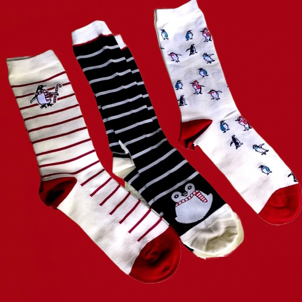 LANDS END Penguin Christmas Striped Socks 3 Pack Red Navy Blue - Host Pick 🎉